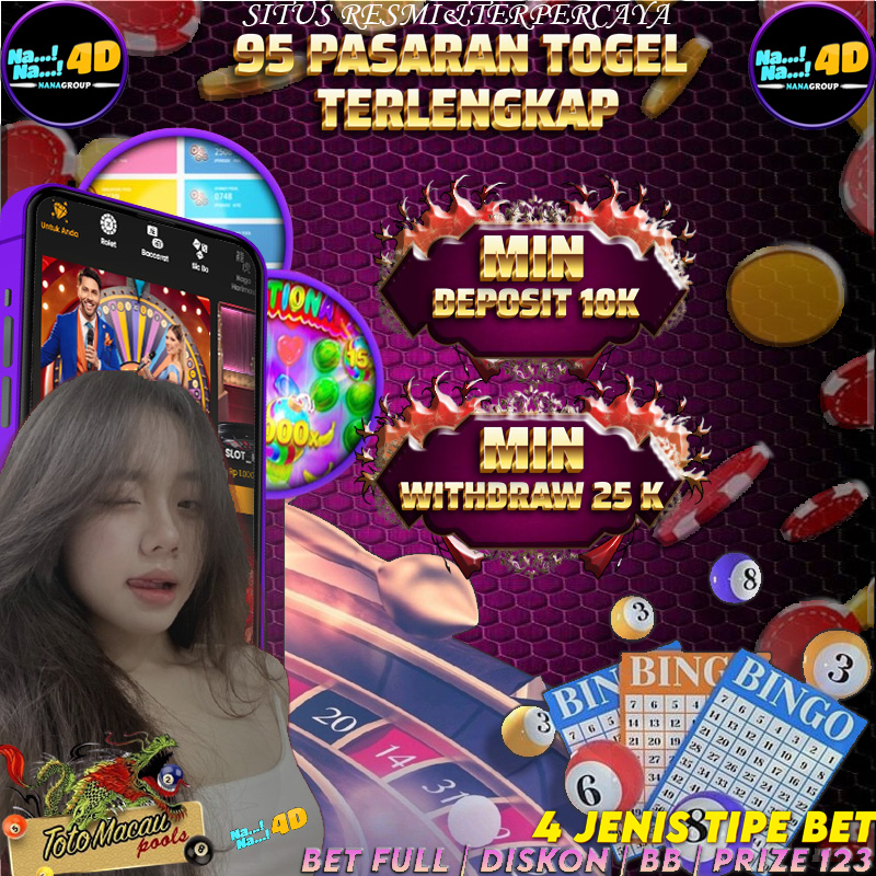 NANA4D merupakan situs toto makau resmi dan memiliki 95 pasaran resmi togel online. Situs ini merupakan situs terbaik di tahun 2024 dengan minimum bet yang sangat kecil yaitu 100 perak